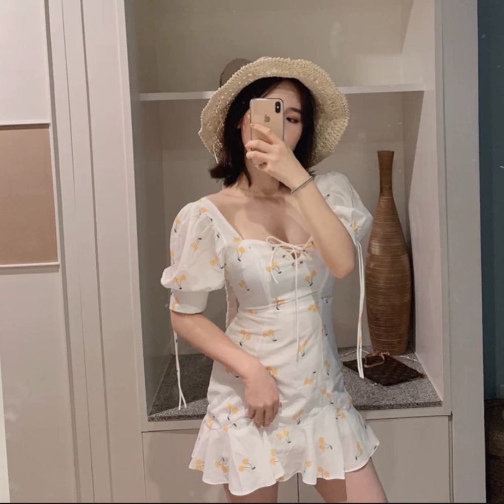 Cherry print white mini dress